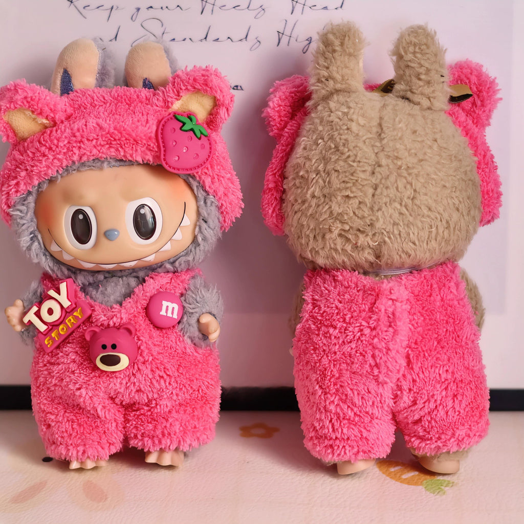 Doll Pink Strawberry Fuzzy Overalls for 17 cm Dolls.